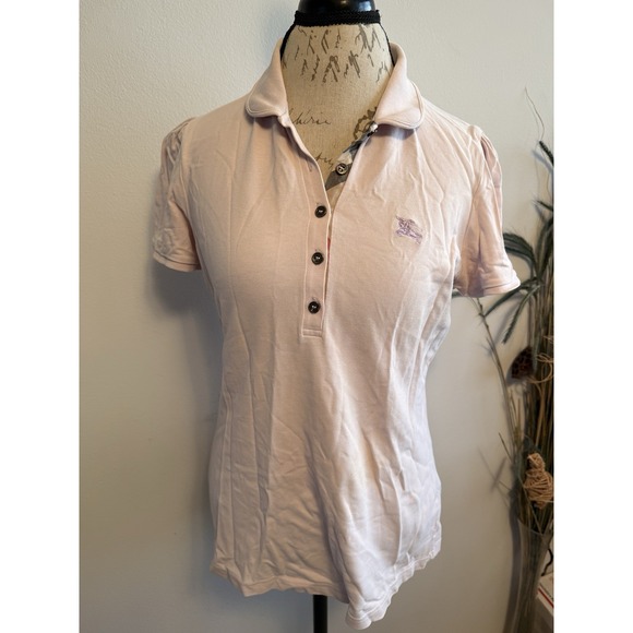 Burberry London Polo Shirt XL Nova Check Neck Collared Women's Pale Pink SS Logo - Picture 1 of 9